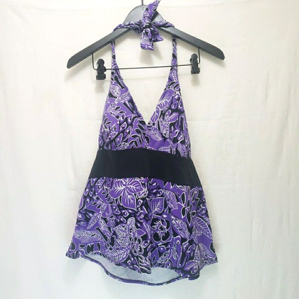 Inches Off Purple Floral Swim Dress Tankini Top Halter Plus Size 20W Swimwear